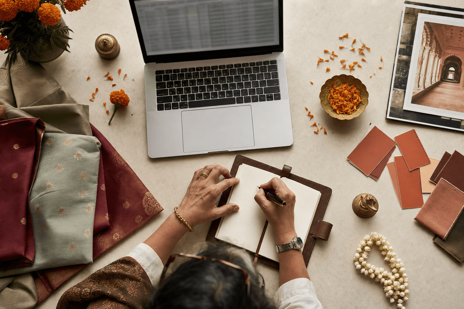 A buyer's desk in Mumbai — swatches, a notebook, an open laptop
