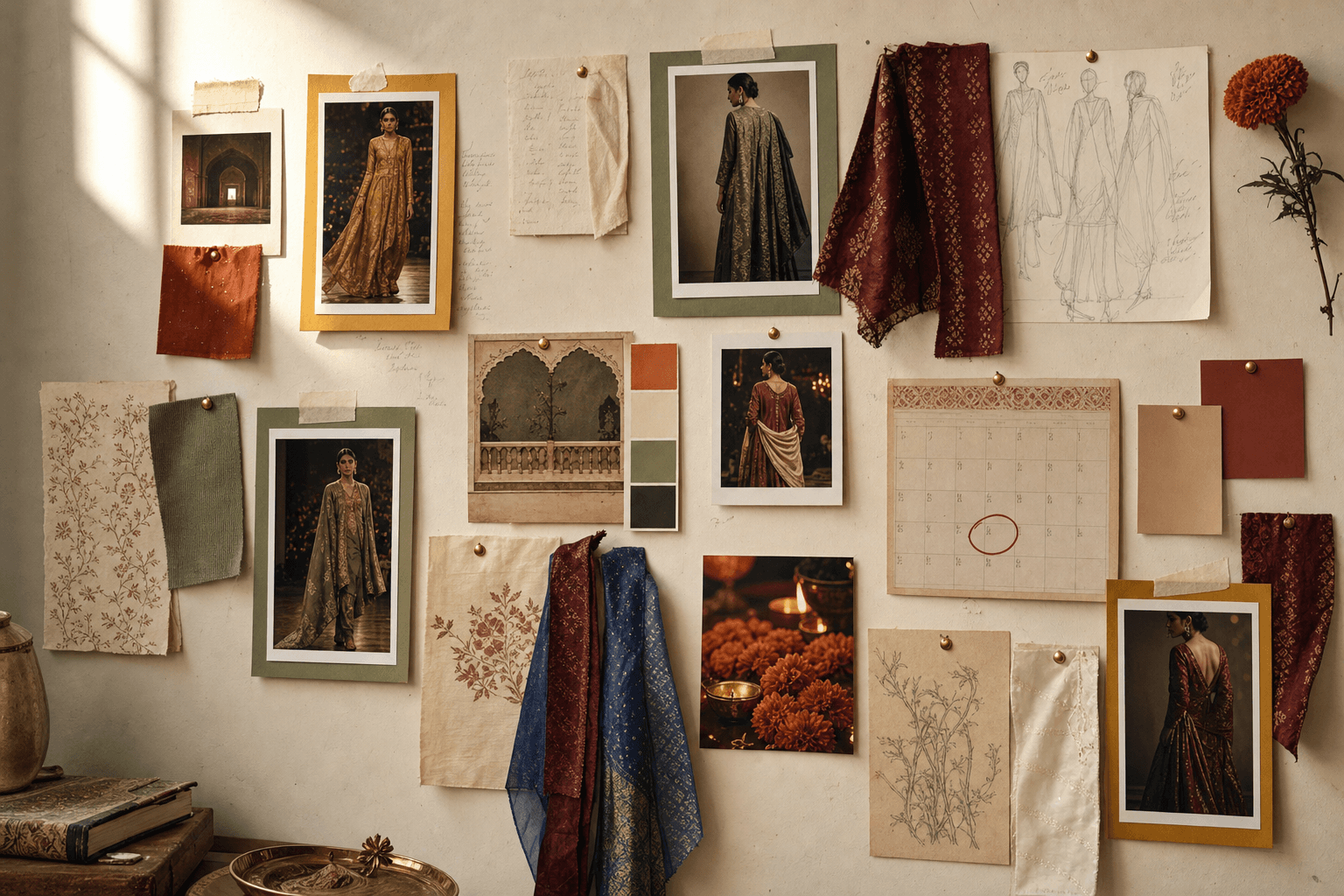 A moodboard wall — pinned tear-sheets, swatch ribbons, runway clippings