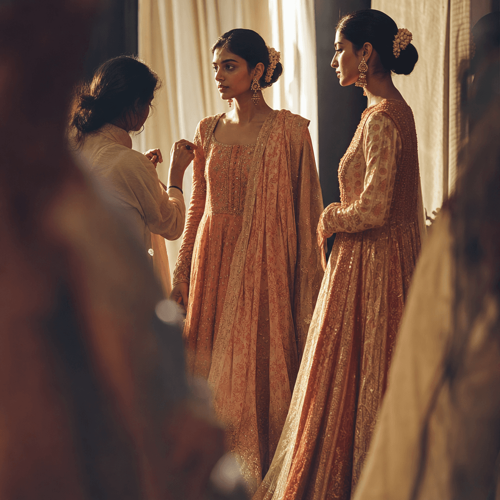 Backstage at an Indian designer's runway show — garments on a rolling rail, soft lighting