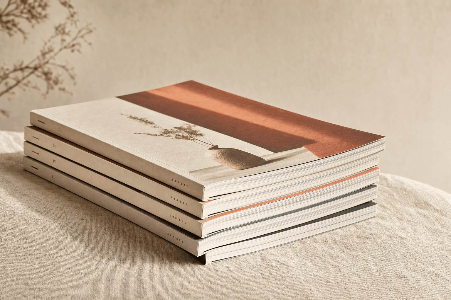 A stack of past printed magazine issues with visible spines, on a warm cream linen surface